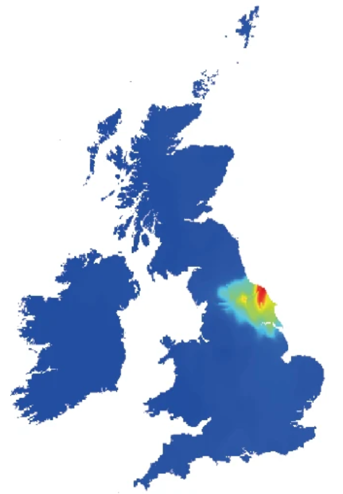 Map of the UK showing the fraction of DNA inferred to come from the North Yorkshire regional grouping in Hu et al. (2025)